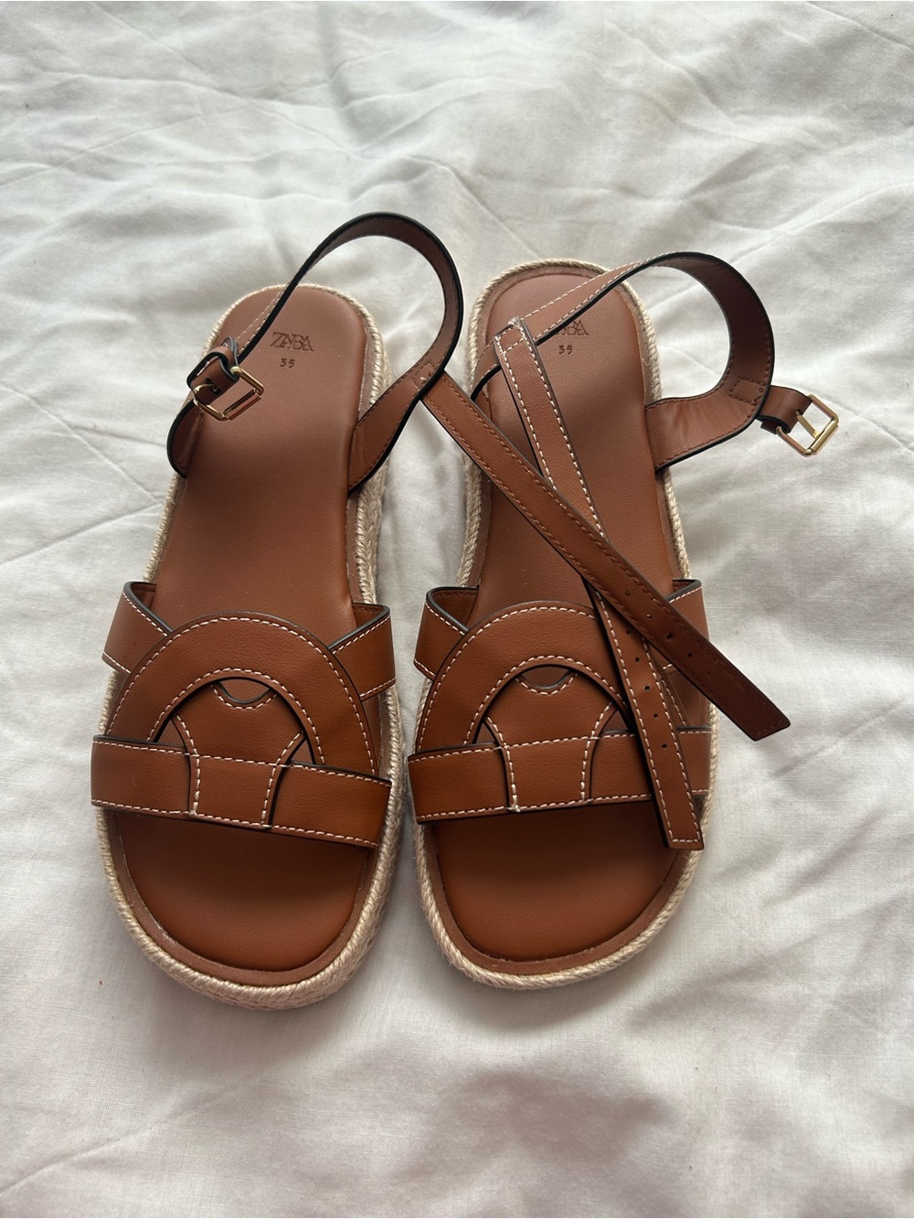 Zara Tan Leather Espadrille Sandals with Ankle Strap